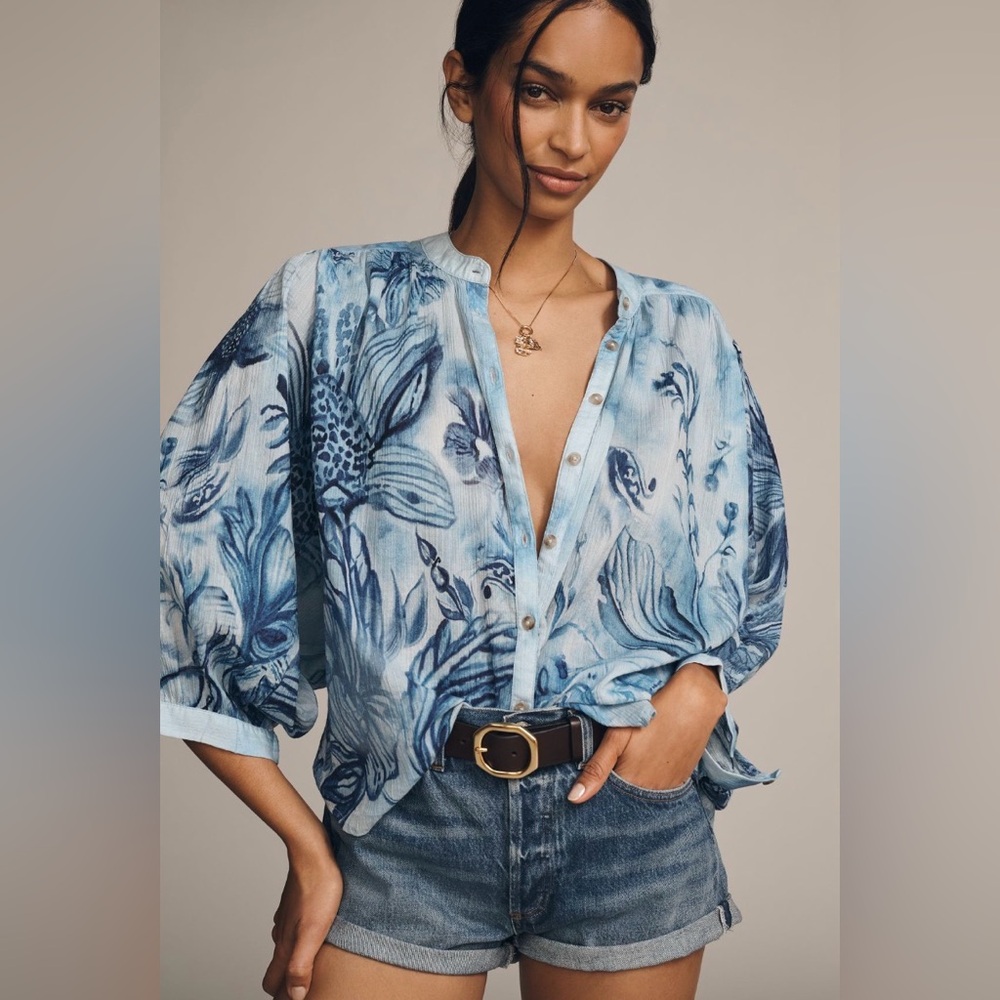 Anthropologie Blue Floral Button-Down Blouse, Tags removed